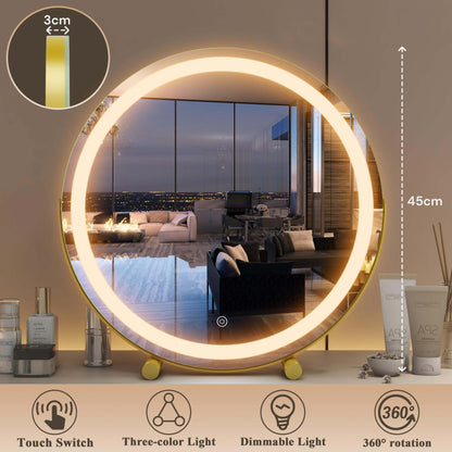 45cm Large Makeup Desk Mirror Lights Round LED Makeup Make up Mirror Bedroom Tabletop Touch Control Gold