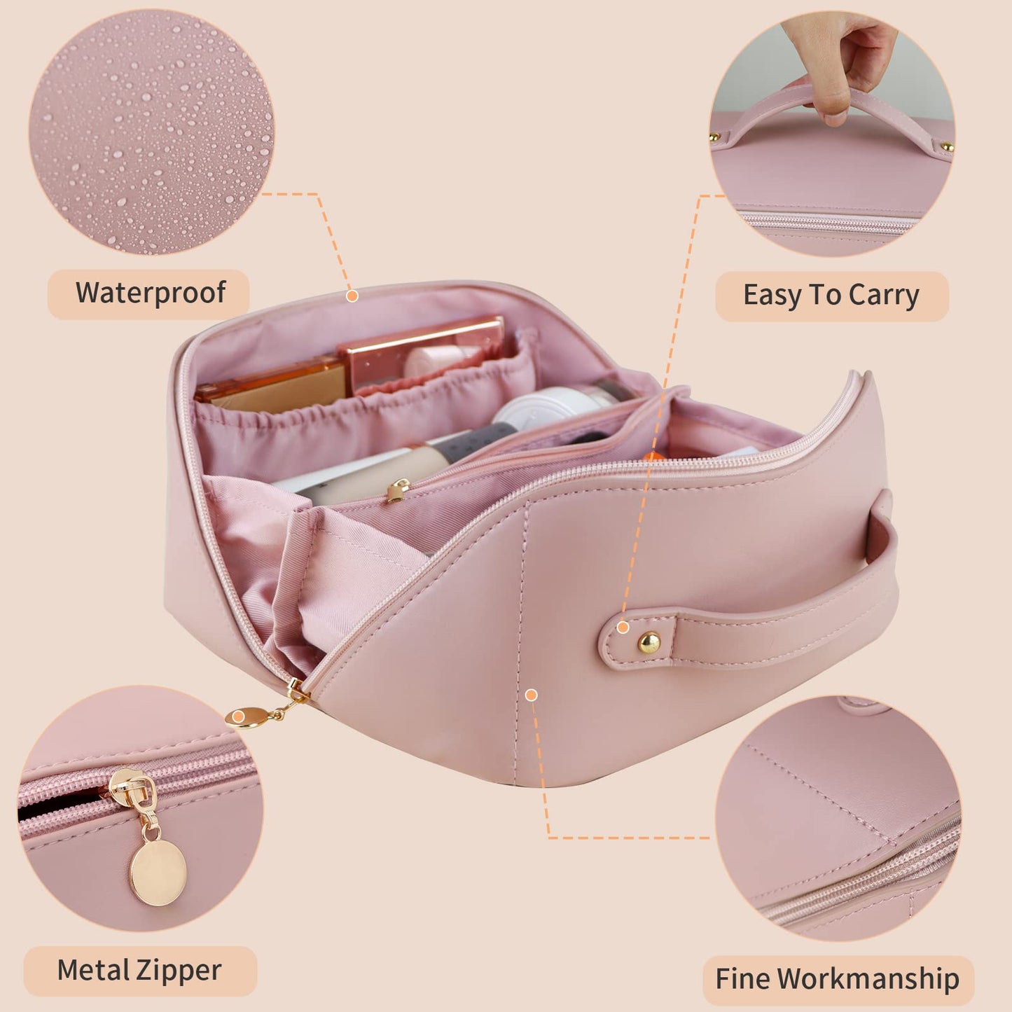 Large Travel Cosmetic Bag Portable Make up Makeup Bag Waterproof PU Leather Storage Pink