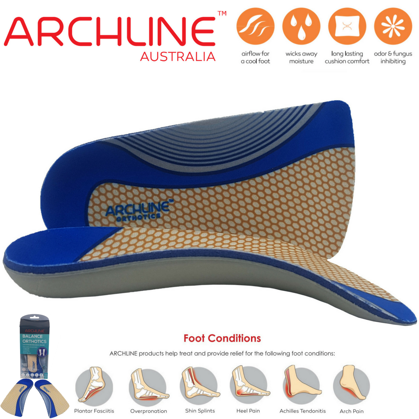 ARCHLINE 3/4 Slim Orthotics Plantar Fasciitis Insoles Balance Support Relief - EUR 47